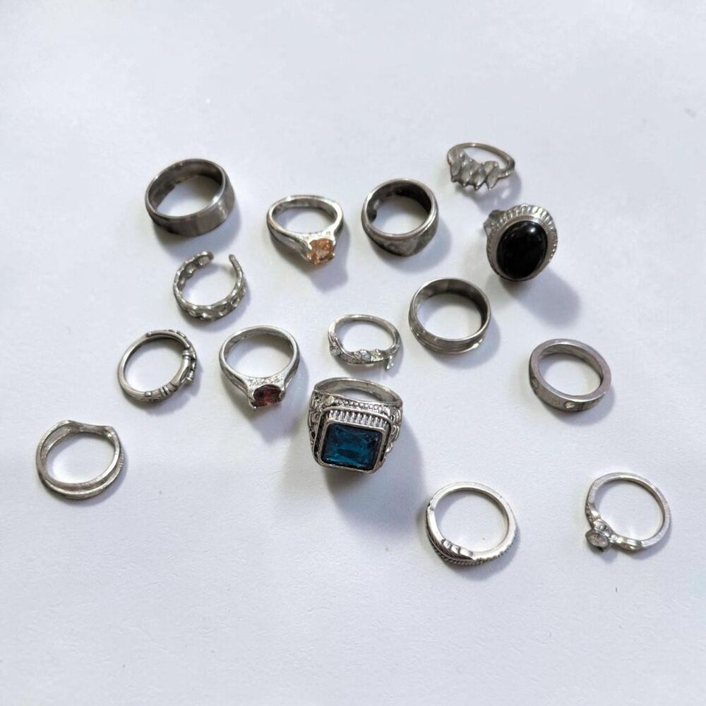 15 Pc Silver Tone Fashion Ring Lot Mixed Statement Rhinestone Faux Gemstone Ring